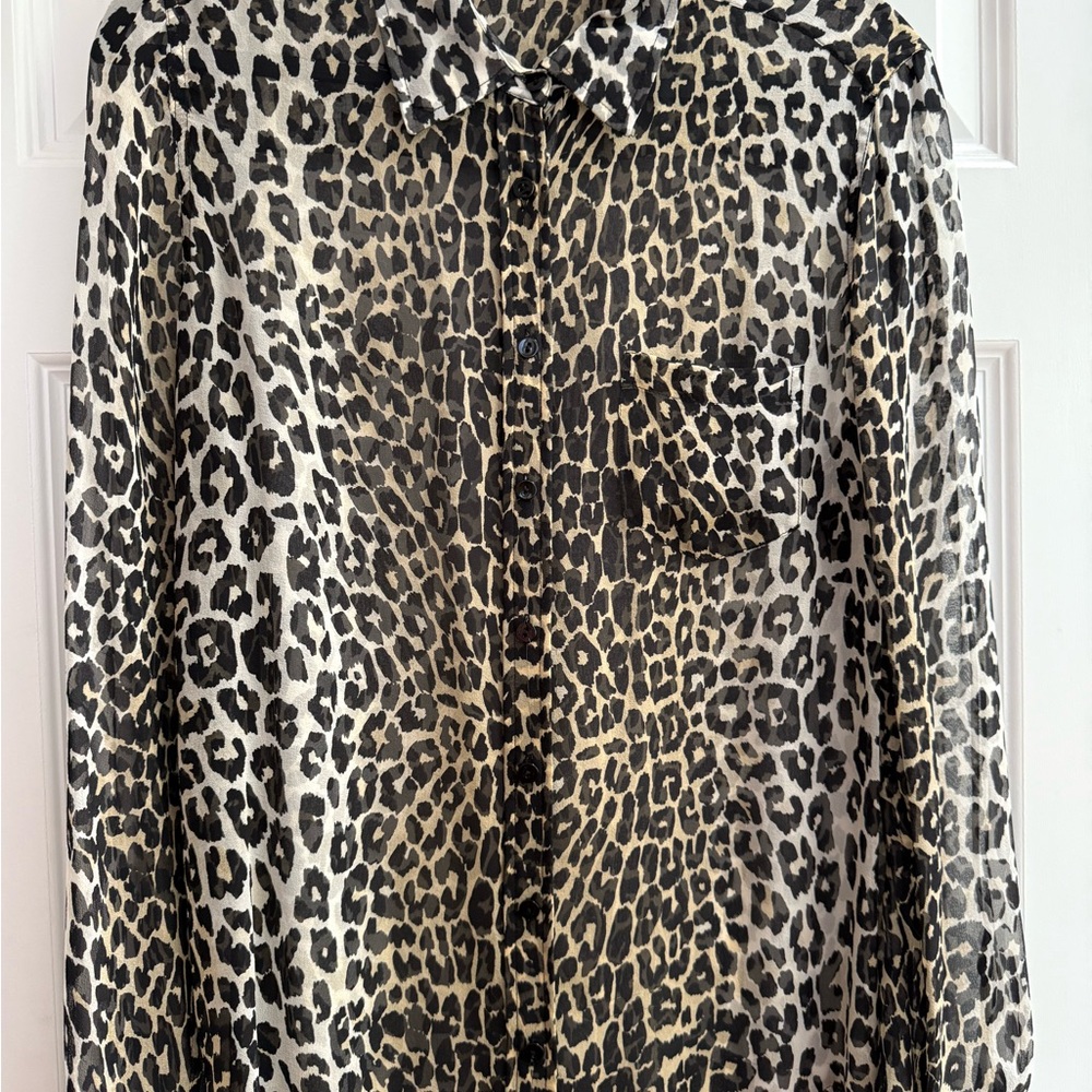 EQUIPMENT Femme Leopard Print Blouse Size L Sheer Shirt Single Pocket Silk